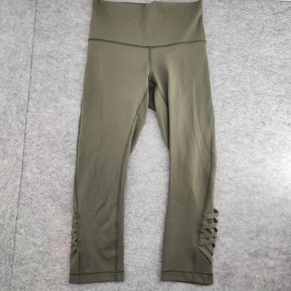 Lululemon Sz 6 Olive Green Strappy Mesh High Rise‎ Crop Leggings Yoga Gym Womens